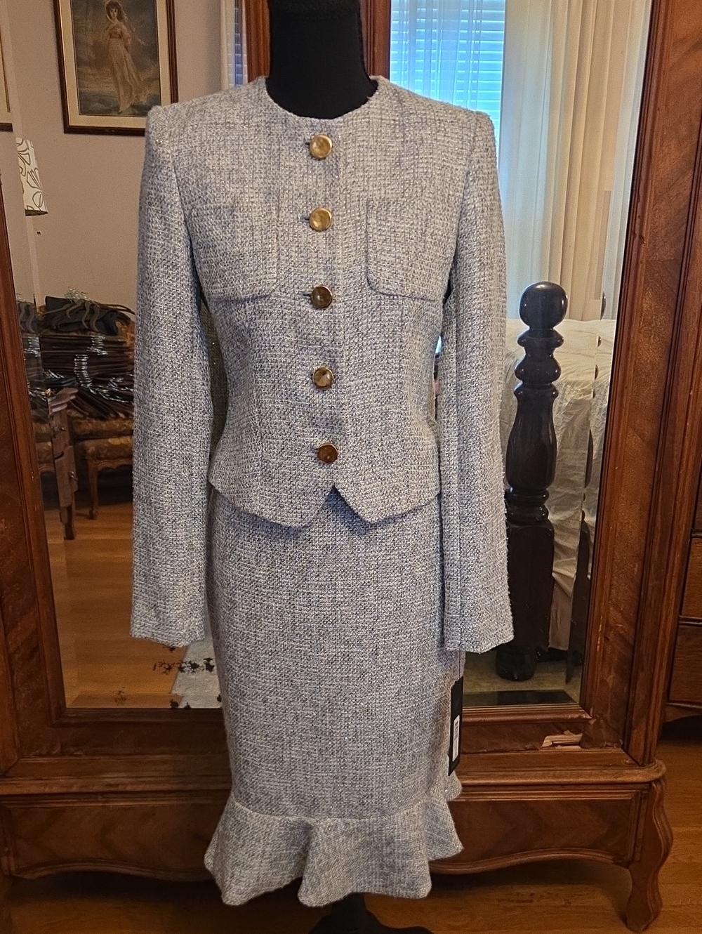 Donna Karan Grey Tweed Skirt Suit with Gold Buttons